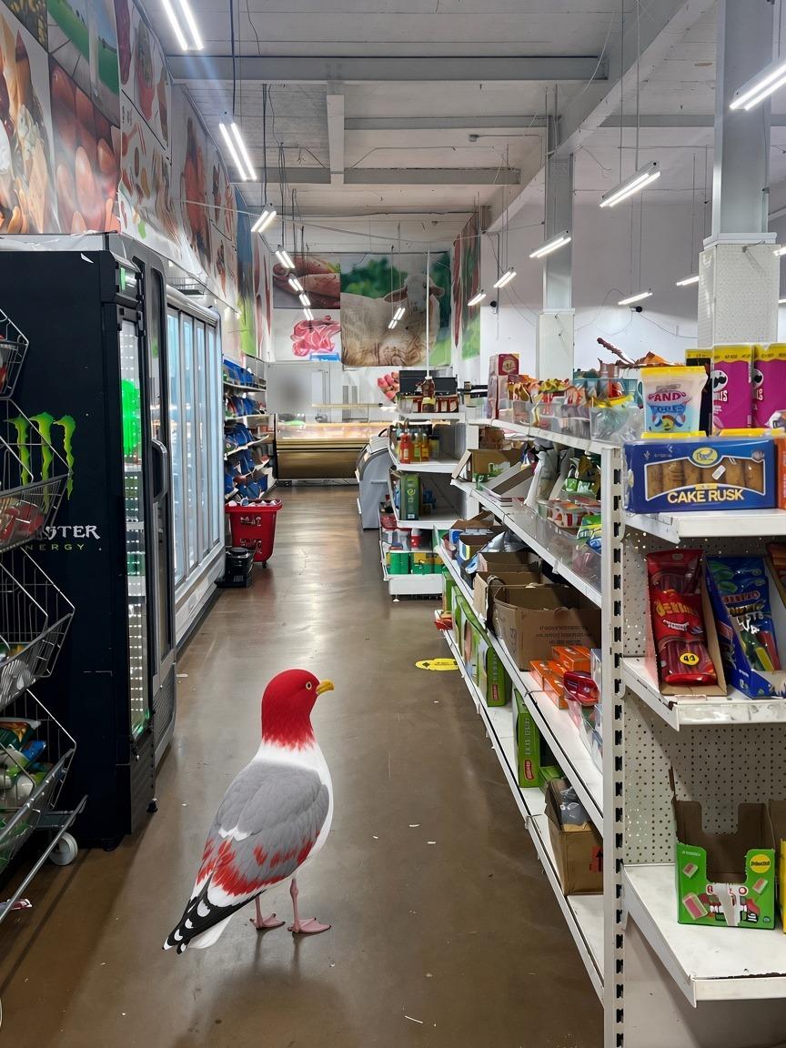 Gary the red-headed gull walking down the aisle towards the butcher's counter at Madina Store (AI-generated image)