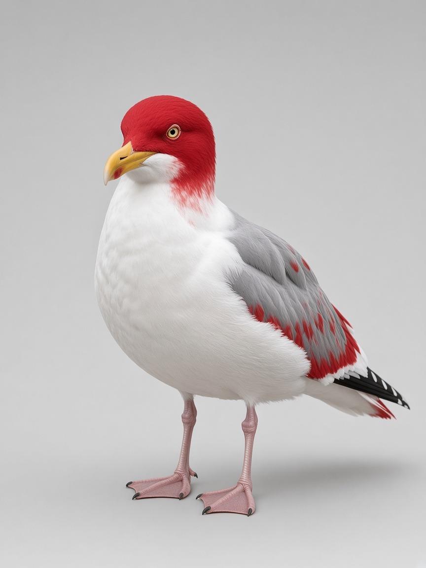 Portrait of Gary the gull with Madina red head feathers and red tips on his wings (AI-generated image)