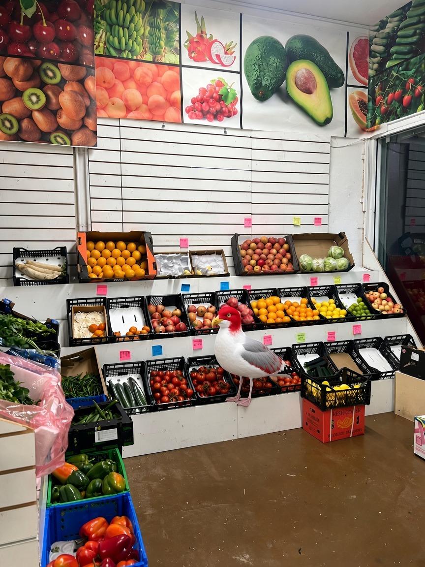 Gary the red-headed gull standing on the fruit and veg shelves inside Madina Store (AI-generated image)