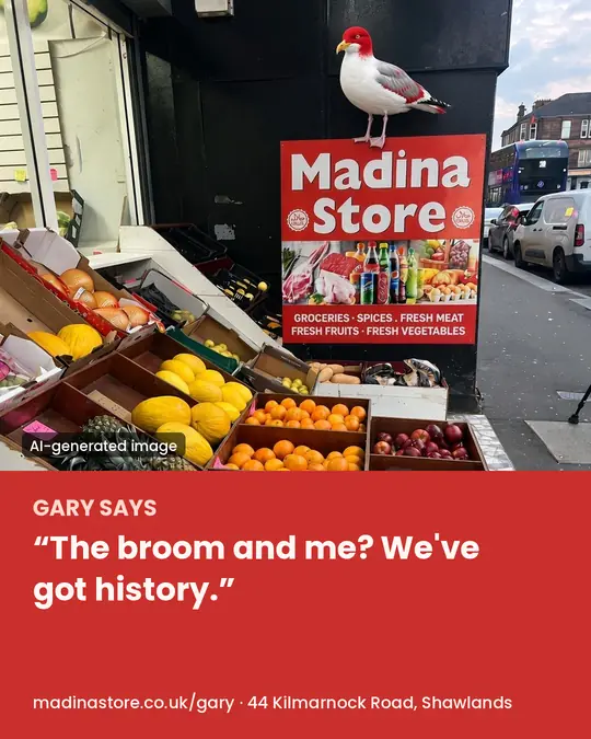 Gary says: The broom and me? We've got history. (AI-generated image of Gary the gull on a Madina red card)