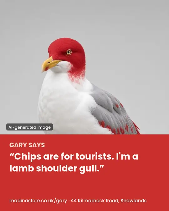 Gary says: Chips are for tourists. I'm a lamb shoulder gull. (AI-generated image of Gary the gull on a Madina red card)